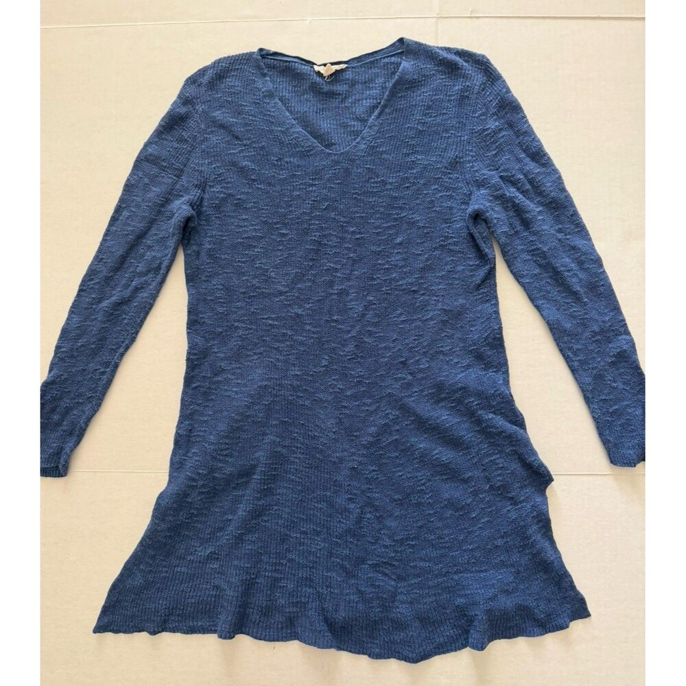 Eileen Fisher Women's Medium Blue Linen Cotton V-Neck Ribbed Knit Sweater M